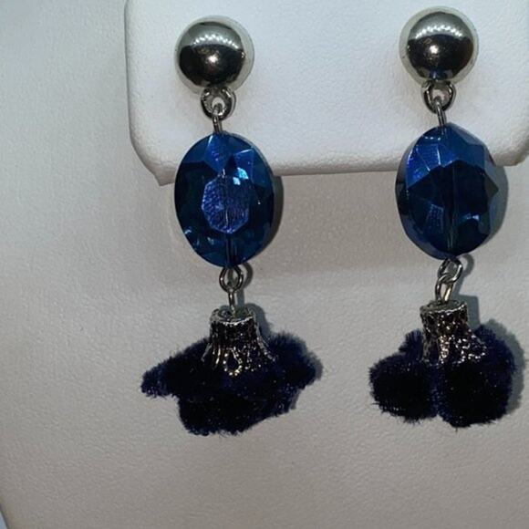 Silver-Tone Blue Beaded & Pom-Pom Dangle Earrings - Picture 2 of 7
